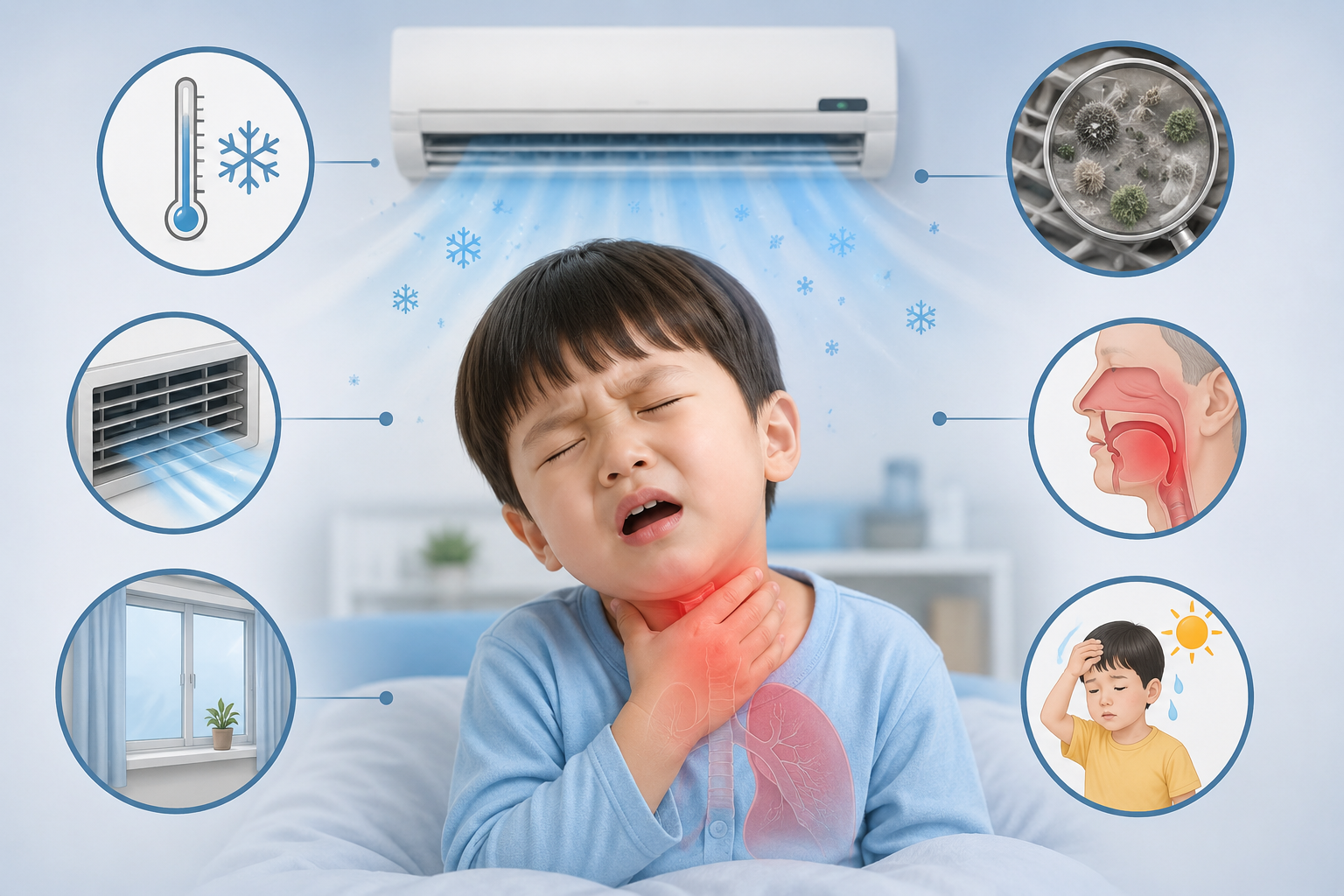 Điều hòa dùng sai cách khiến trẻ dễ viêm họng, viêm phế quản mùa hè